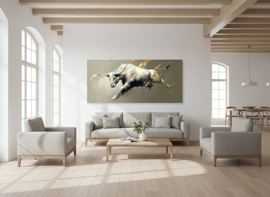 Modern living room with a painting of a charging bull on the wall.