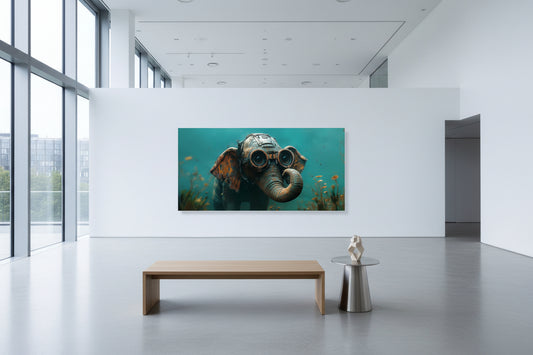 Large elephant underwater artwork displayed on expansive white gallery wall with high ceilings and concrete floors.
