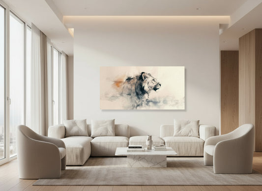 Modern interior with a large abstract painting of a lion on a white wall.