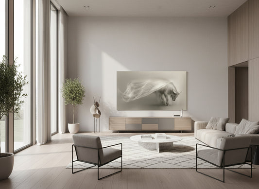 Finding The Strength To Move Forward | elegant statement fine art Ox Wall Art hanging as a focal piece on an open wall in a modern neutral toned living room| Limited Edition | Wild Essence