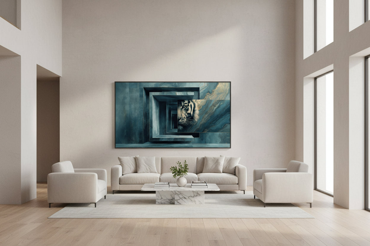 Framed tiger wall art in Scandinavian living room, horizontal artwork above sofa, light wood floors and airy space