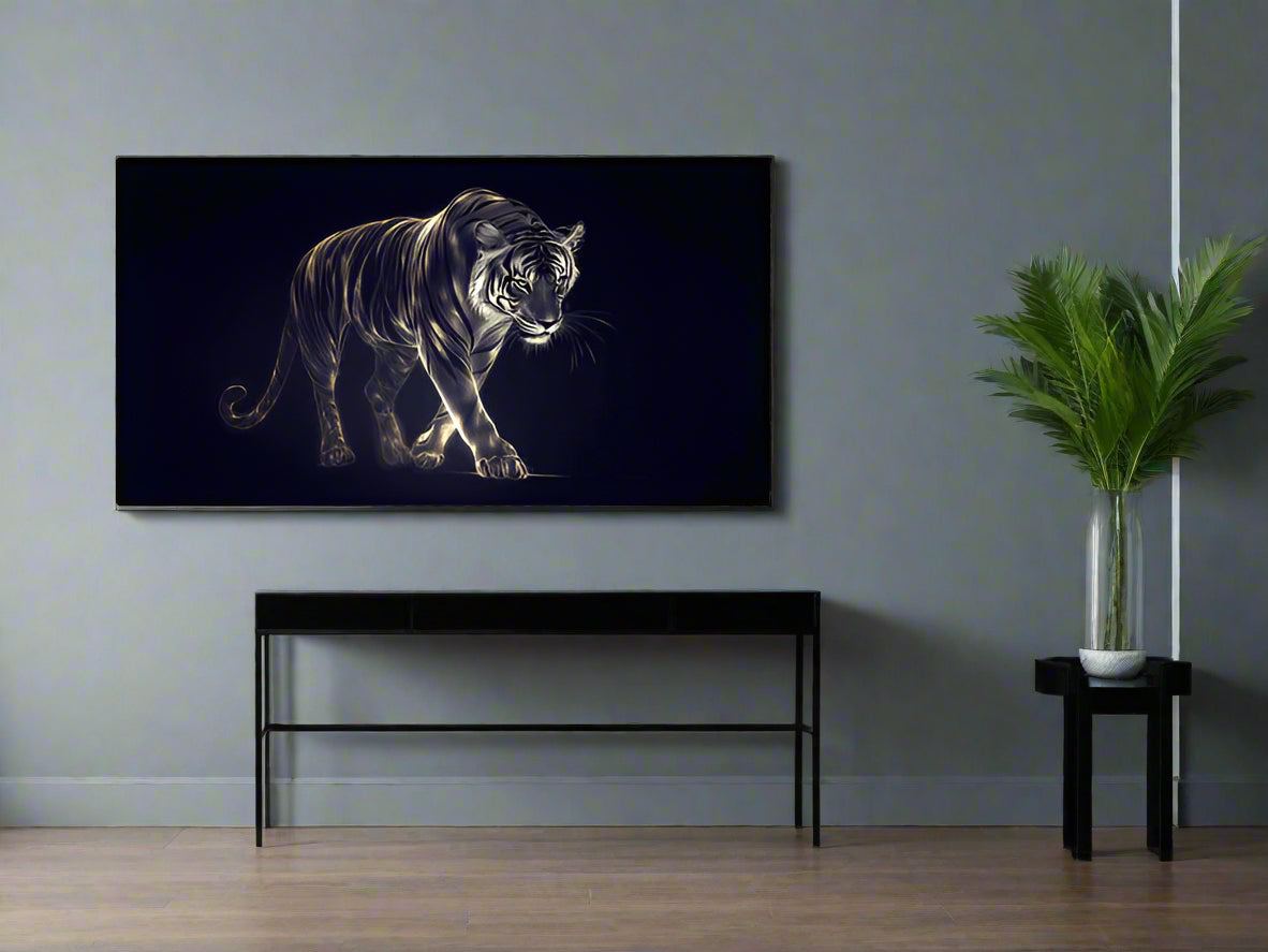 Minimalist hallway with a statement fine art tiger print on the wall