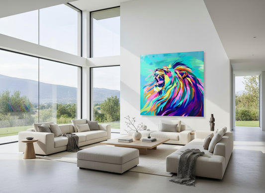 Modern living room with a colorful fine art lion print on the wall