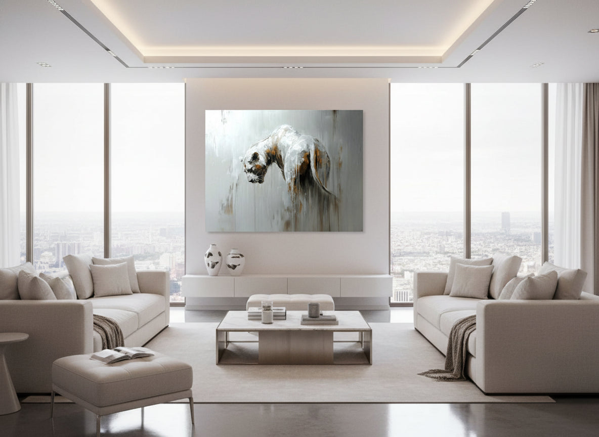 Modern luxurious penthouse living room in white thones with tall windows and with a statement fine art lion print on the wall