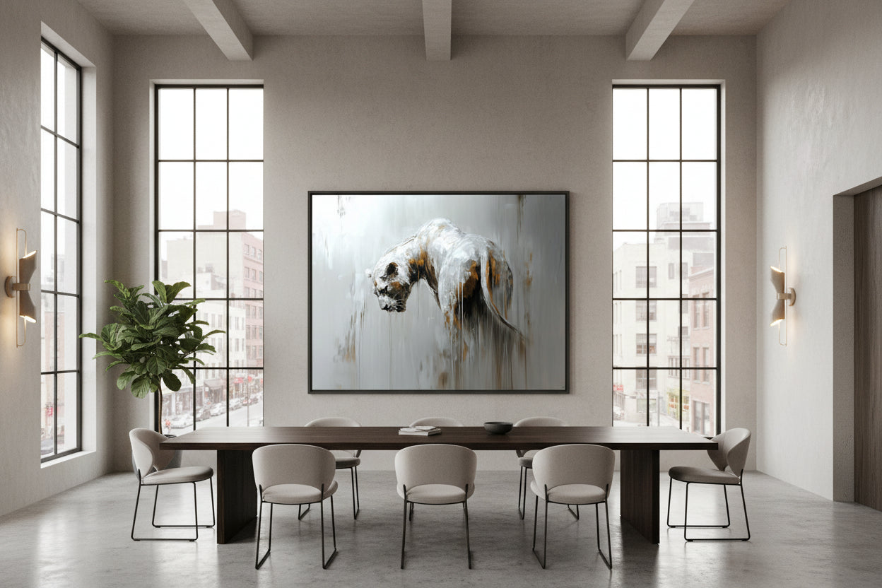 statement lion artwork mounted on wide plaster wall in modern creative office with industrial windows.