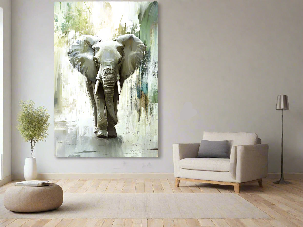 Living room with a large elephant painting on the wall, a beige armchair, and a small plant.