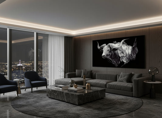 Modern living room with a large sofa, coffee table, and large ox wall art.