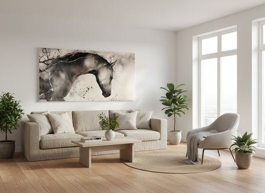 Soft_Warrior_Horse_Wall_Art_Limited_Edition_Wild_Essence_Statement wild-horse wall art in modern living room