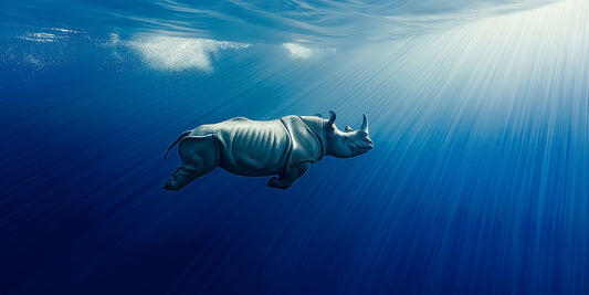 Oversized 300x150 cm rhino artwork with deep blue tones and strong directional light.