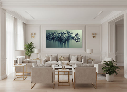 Modern living room with neutral decor, including a sofa, chairs, and a fine art tiger painting on the wall.