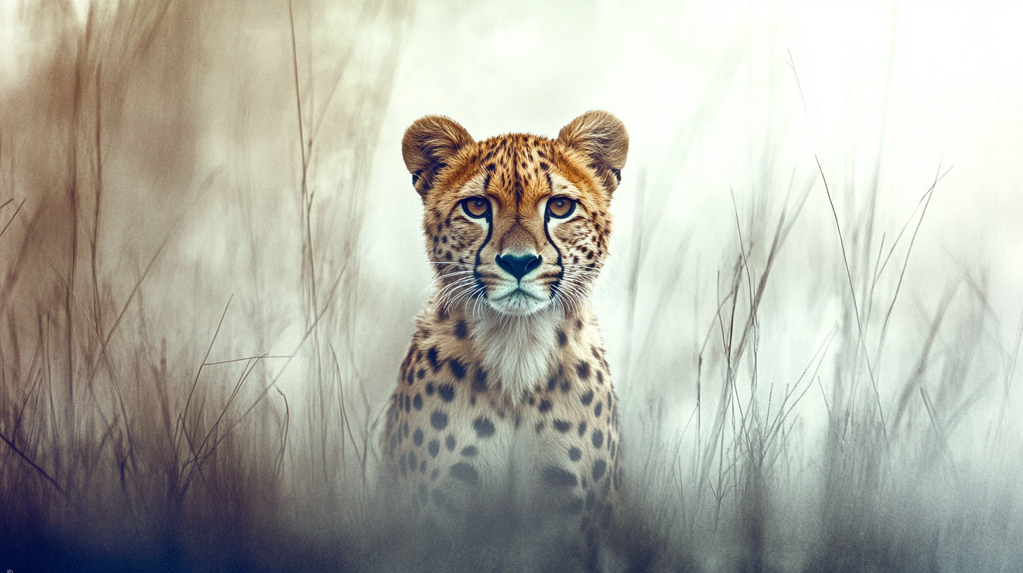 Cheetah sitting in the middle of tall grass and mist