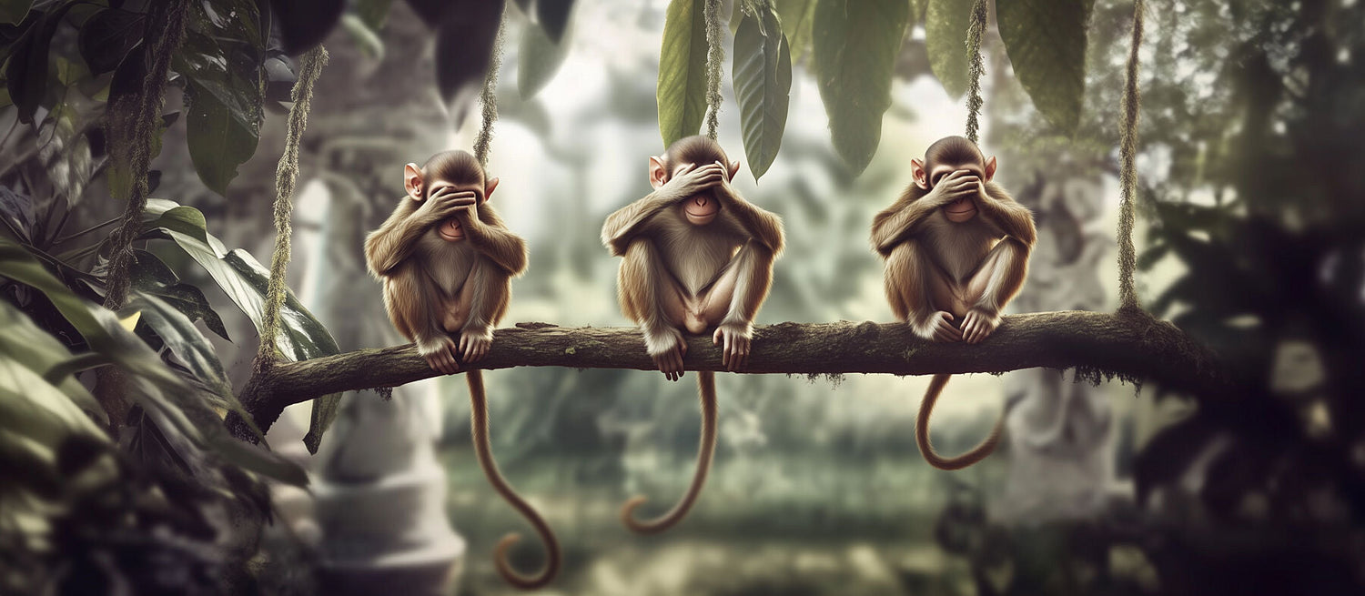 Three cute monkeys sitting on a branch in the jungle with their hands covering their eyes