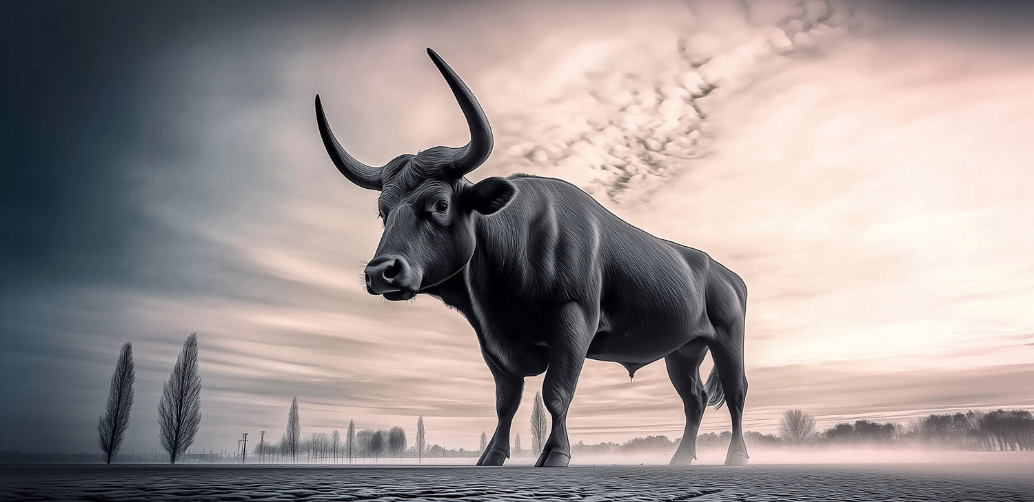 dramatic image of a standing ox in front of a vast landscape under a wide sky