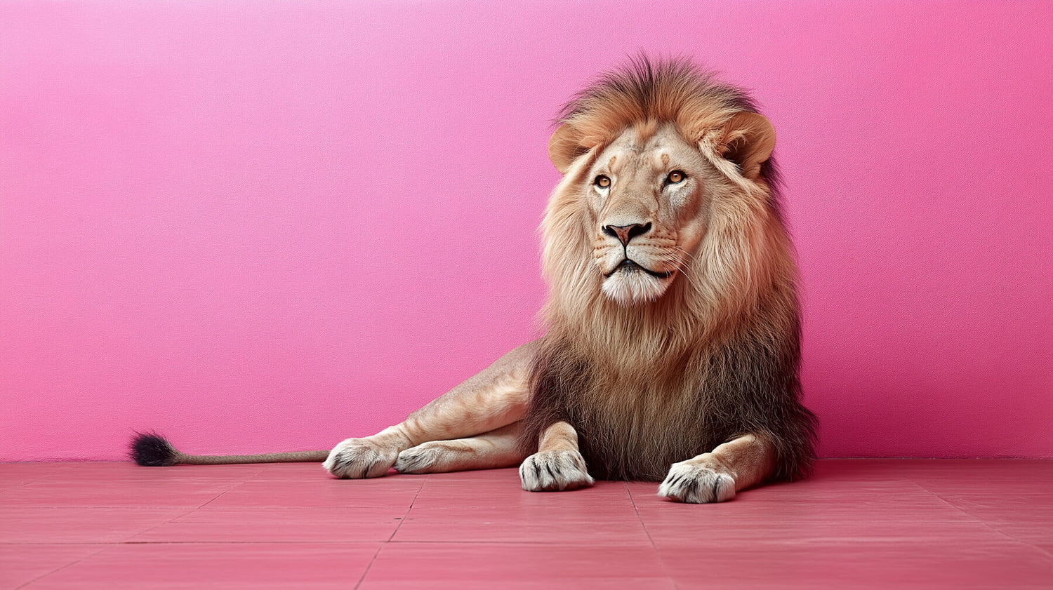 Royally posing lying majestic lion with a pink background