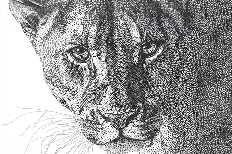 Lion close up wall art - dot art - beautiful lioness with a piercing gaze - staring straight at you