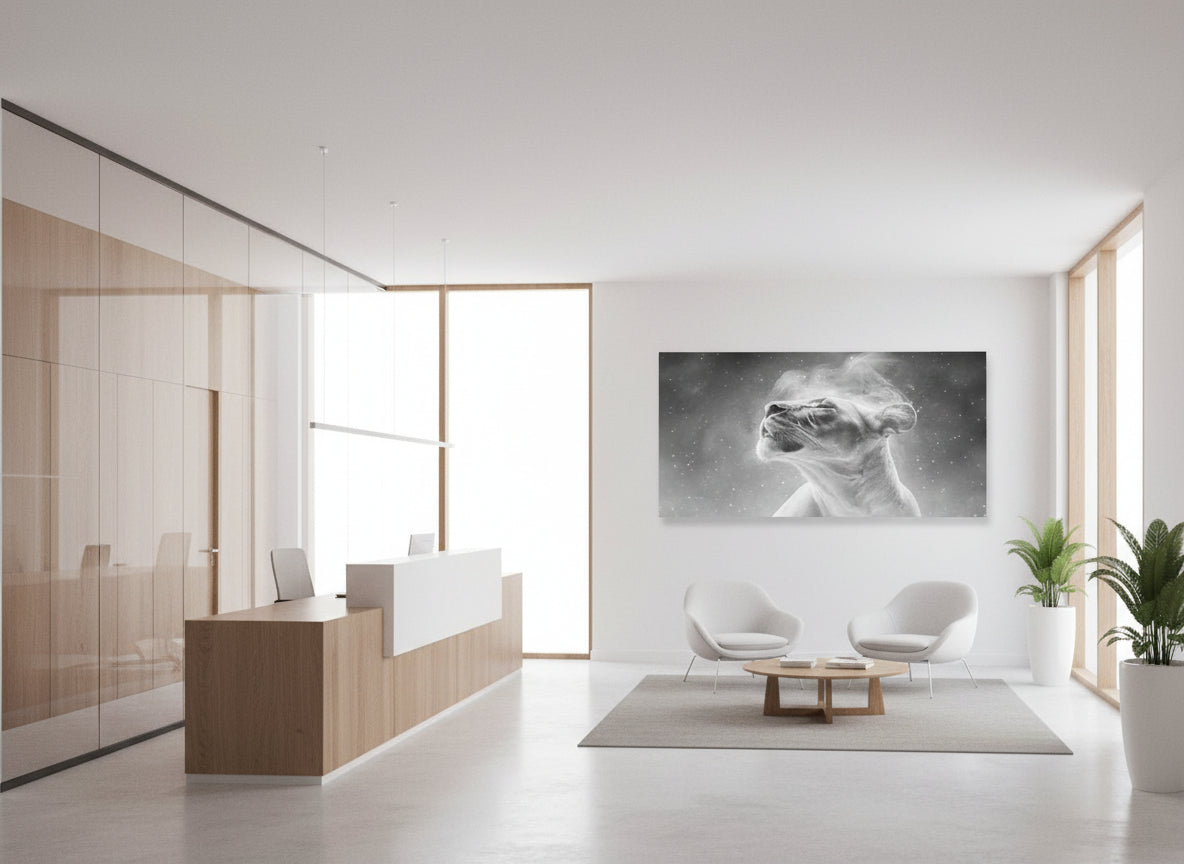 Modern office interior with a reception desk, chairs, and a  large fine art print on the wall of an etheral lioness, 