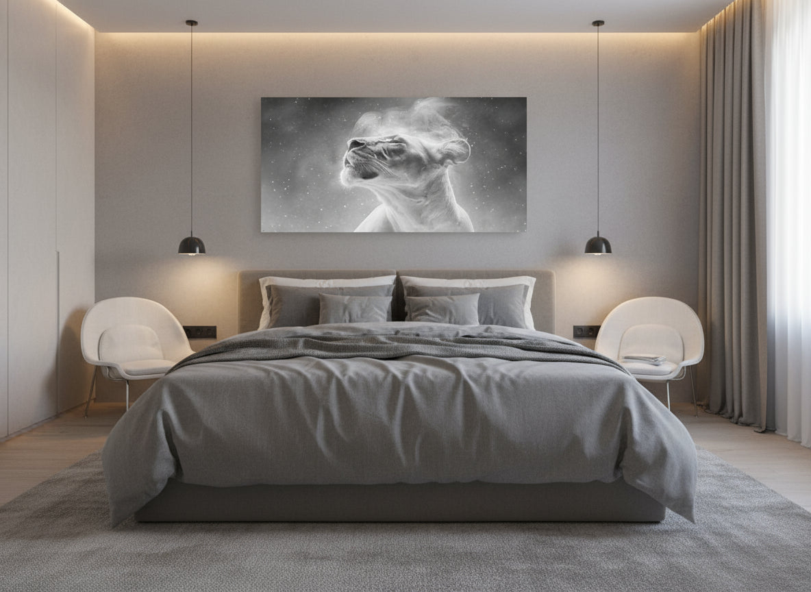 Modern bedroom with a bed, gray bedding, and a  large fine art print on the wall of an etheral lioness, 