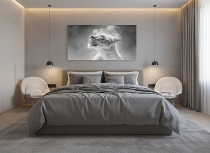 Modern bedroom with a bed, gray bedding, and a  large fine art print on the wall of an etheral lioness, 