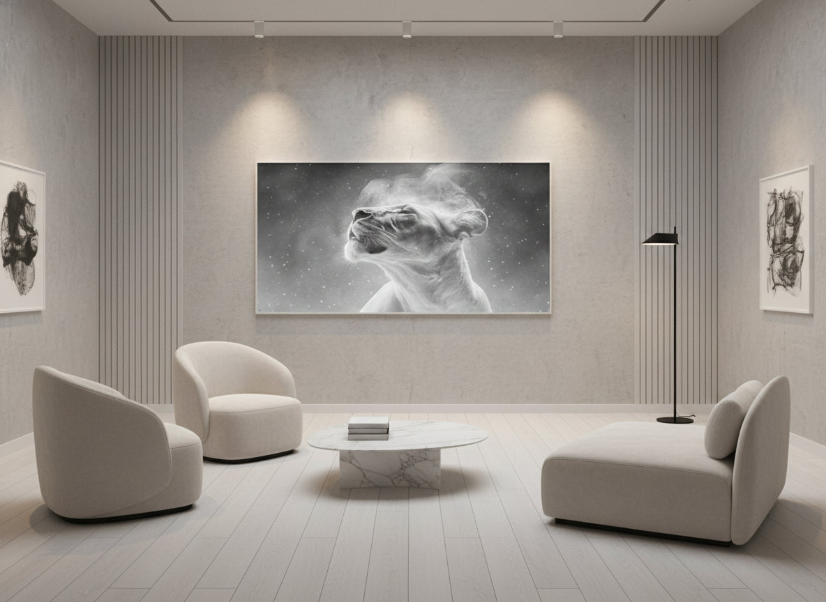 Modern living room with white furniture and a large fine art print on the wall of an etheral lioness, 