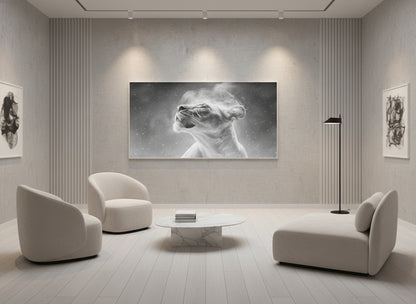 Modern living room with white furniture and a large fine art print on the wall of an etheral lioness, 