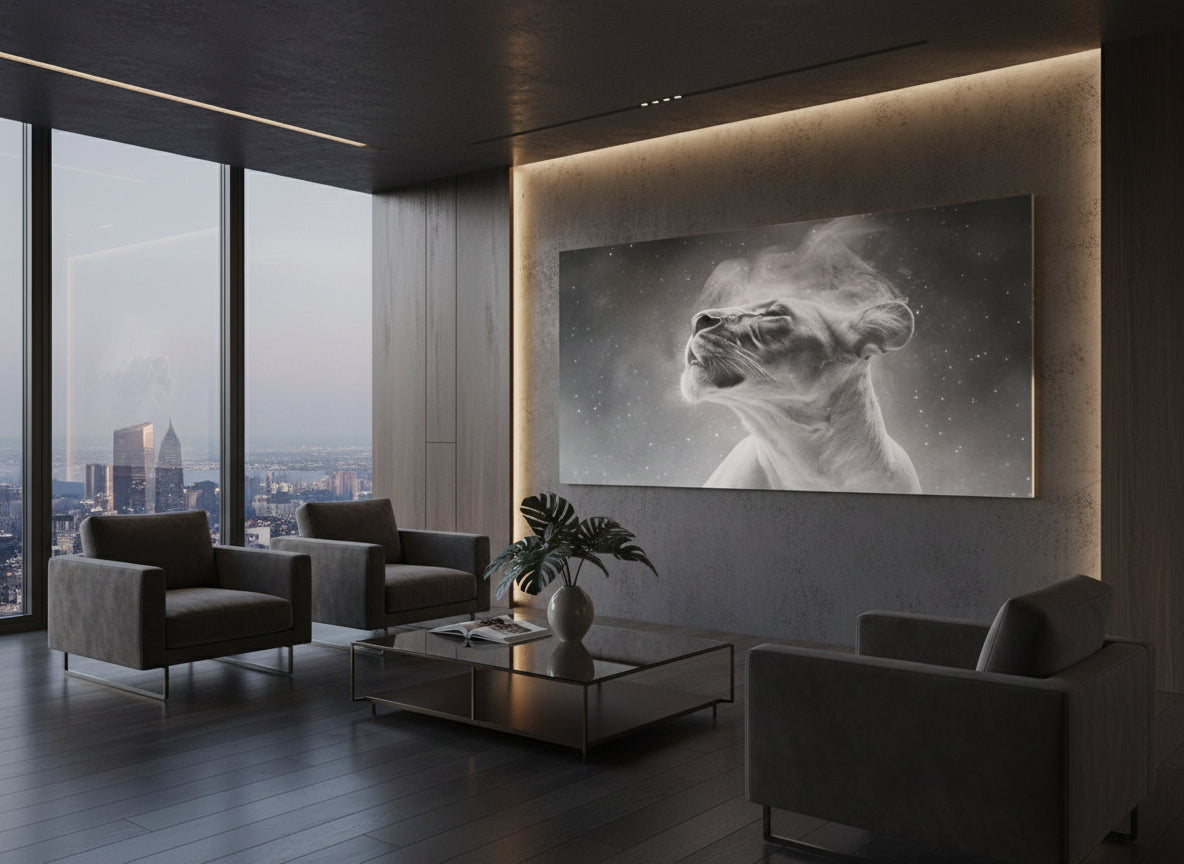 Modern living room with a large wall-mounted artwork of an etheral lioness, cityscape view, and dark furniture.
