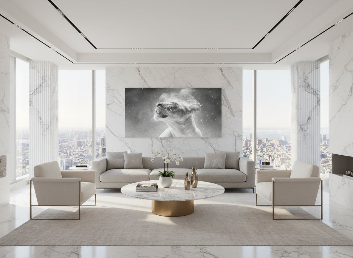 Modern living room with marble walls and floor, featuring  a large fine art print on the wall of an etheral lioness, 