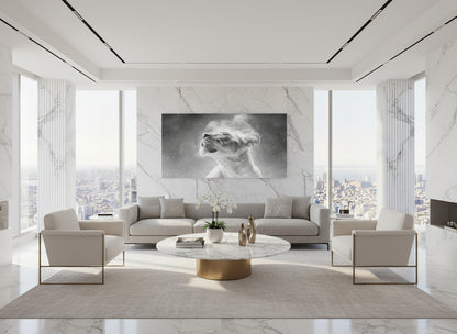Modern living room with marble walls and floor, featuring  a large fine art print on the wall of an etheral lioness, 