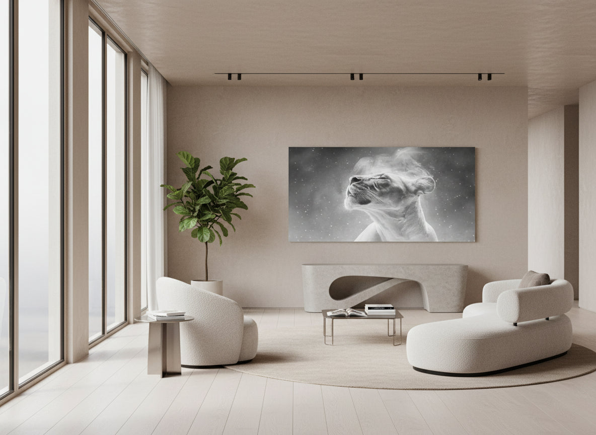 Modern living room with white furniture, and a large fine art print on the wall of an etheral lioness, 