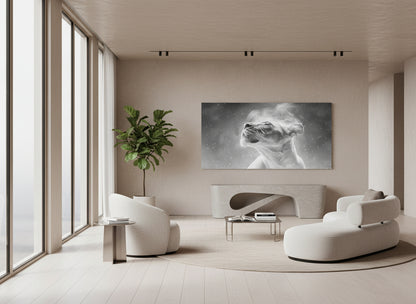 Modern living room with white furniture, and a large fine art print on the wall of an etheral lioness, 