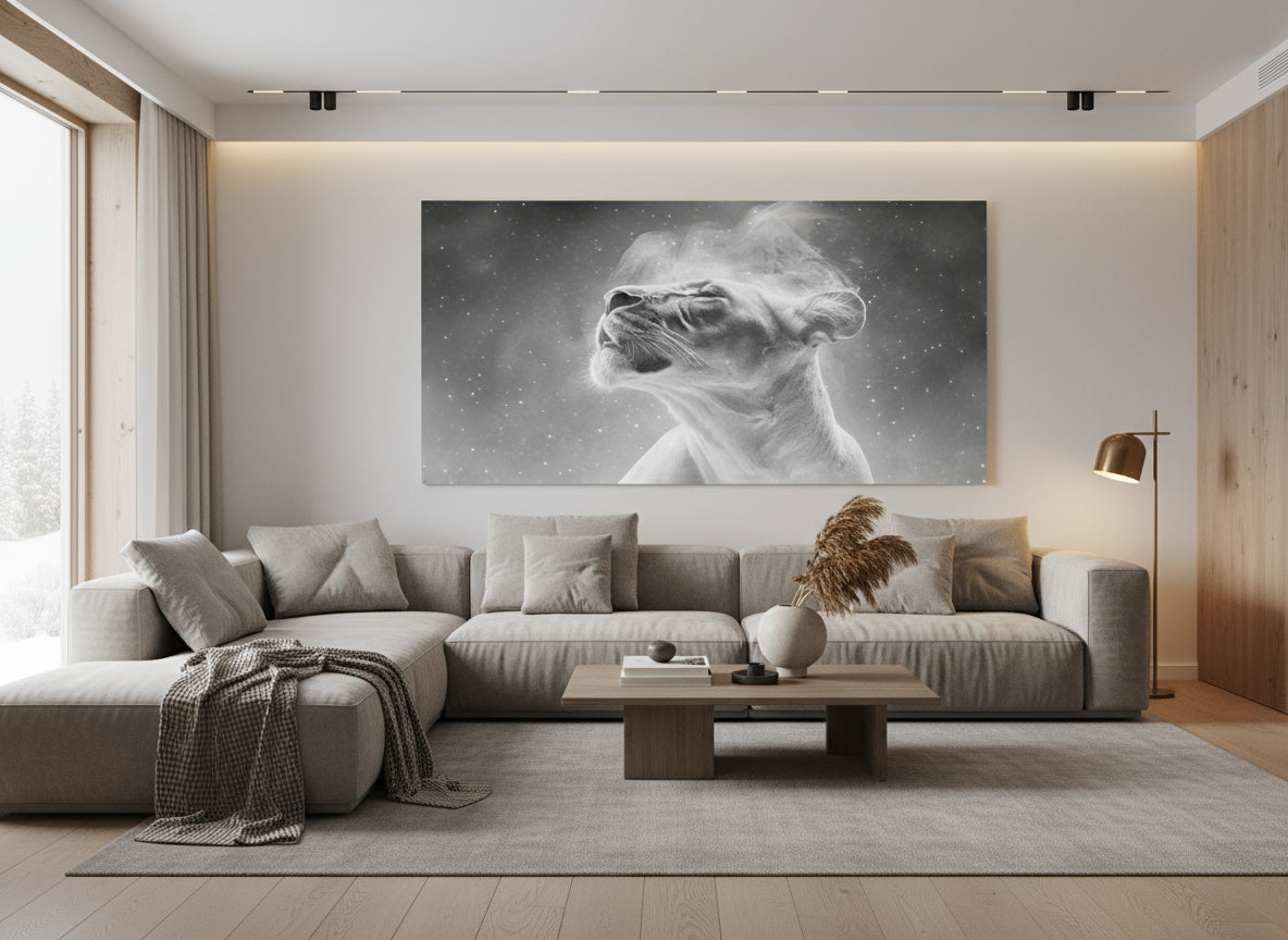 Modern living room with a large sofa, coffee table, and fine art print on the wall of an etheral lioness, 