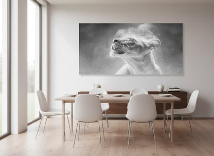 Dining room with a large with a fine art print on the wall of an etheral lioness, 