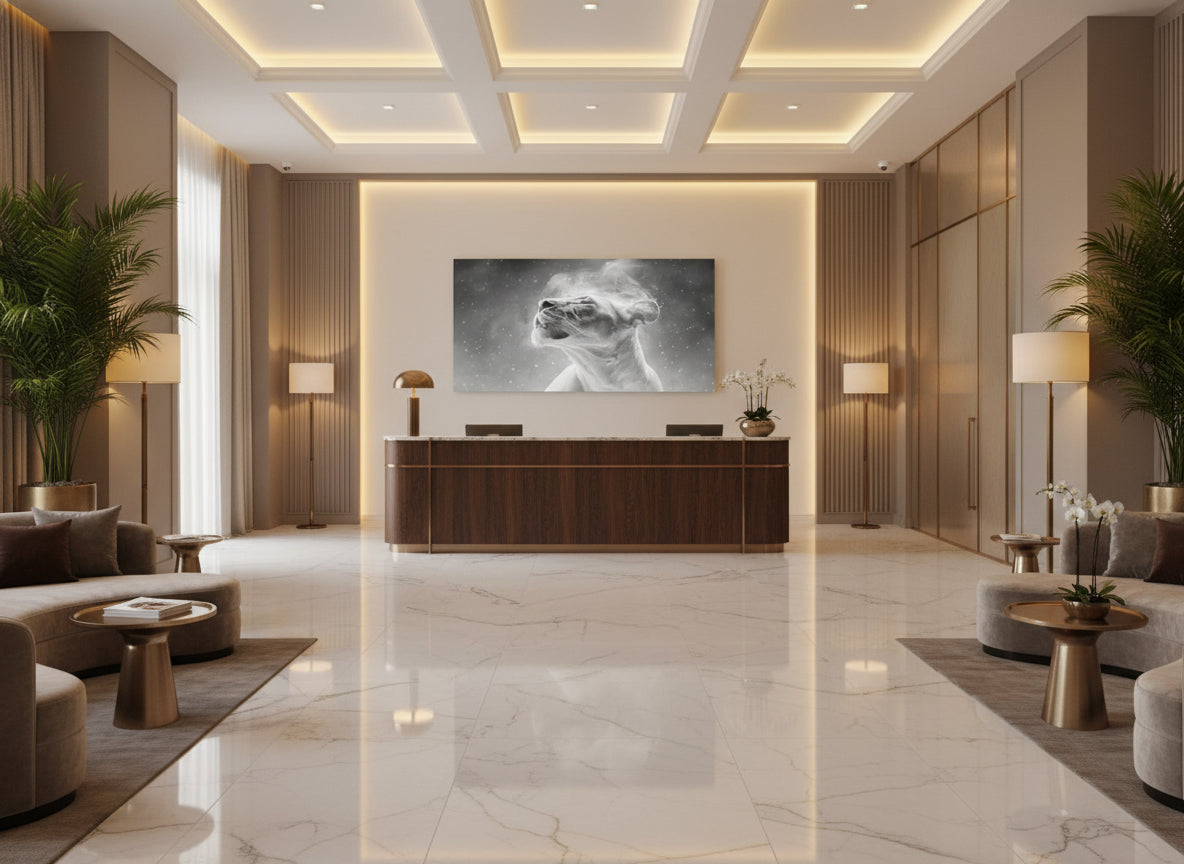Modern lobby with reception desk, and a  large fine art print on the wall of an etheral lioness, 