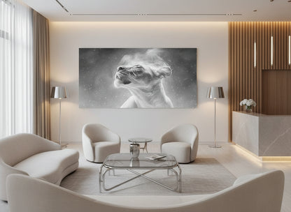 Modern living room with a fine art print on the wall of an etheral lioness, 