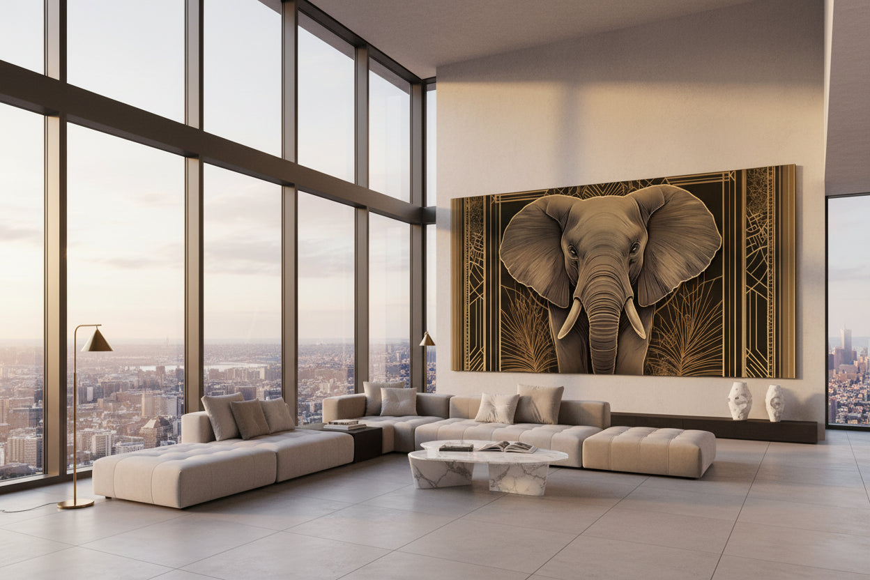 Modern luxury living room with large elephant artwork on the wall
