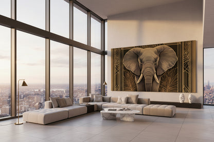 Modern luxury living room with large elephant artwork on the wall