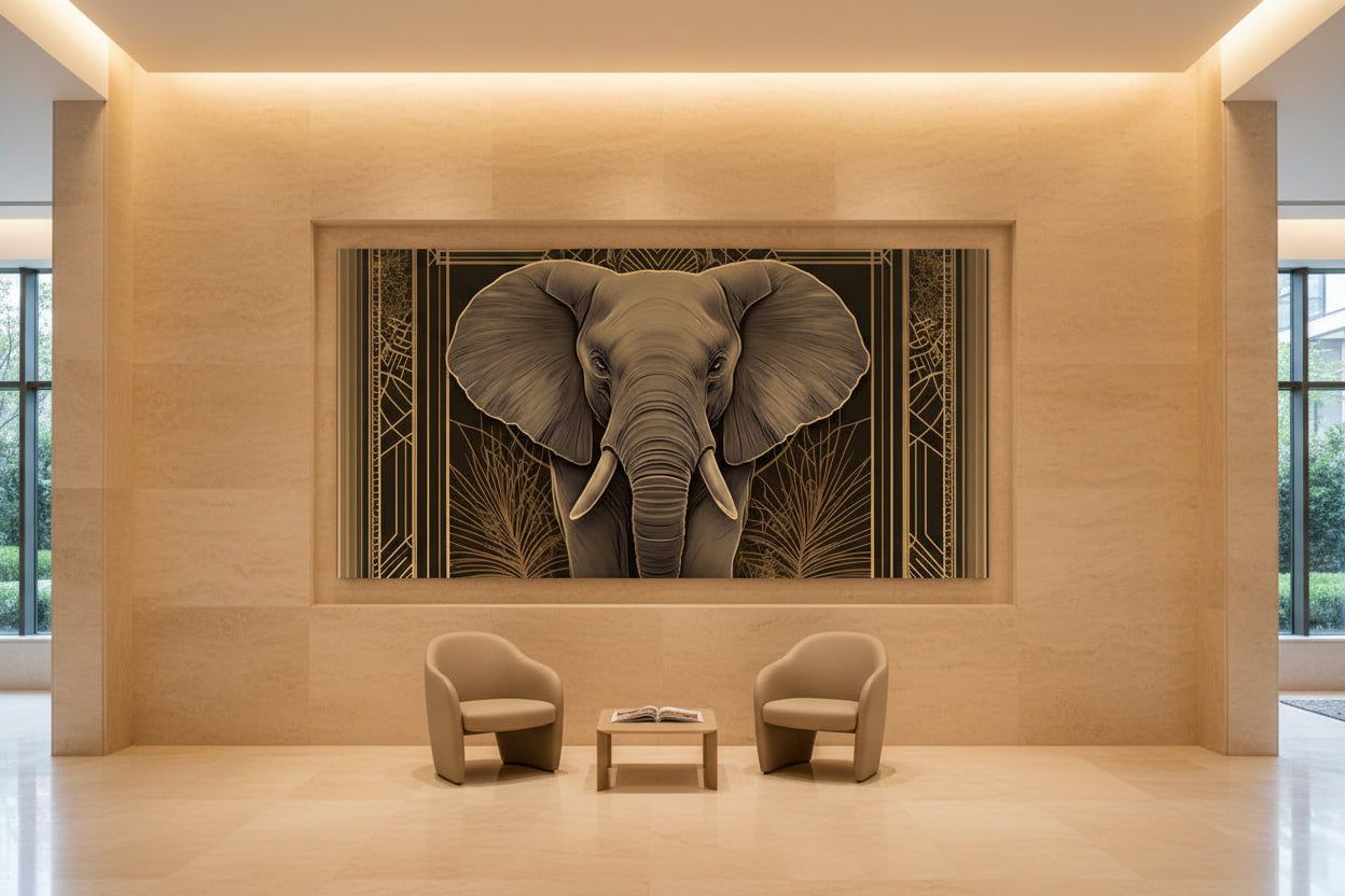 Modern interior with a large elephant artwork on the wall, two chairs, and a small table.