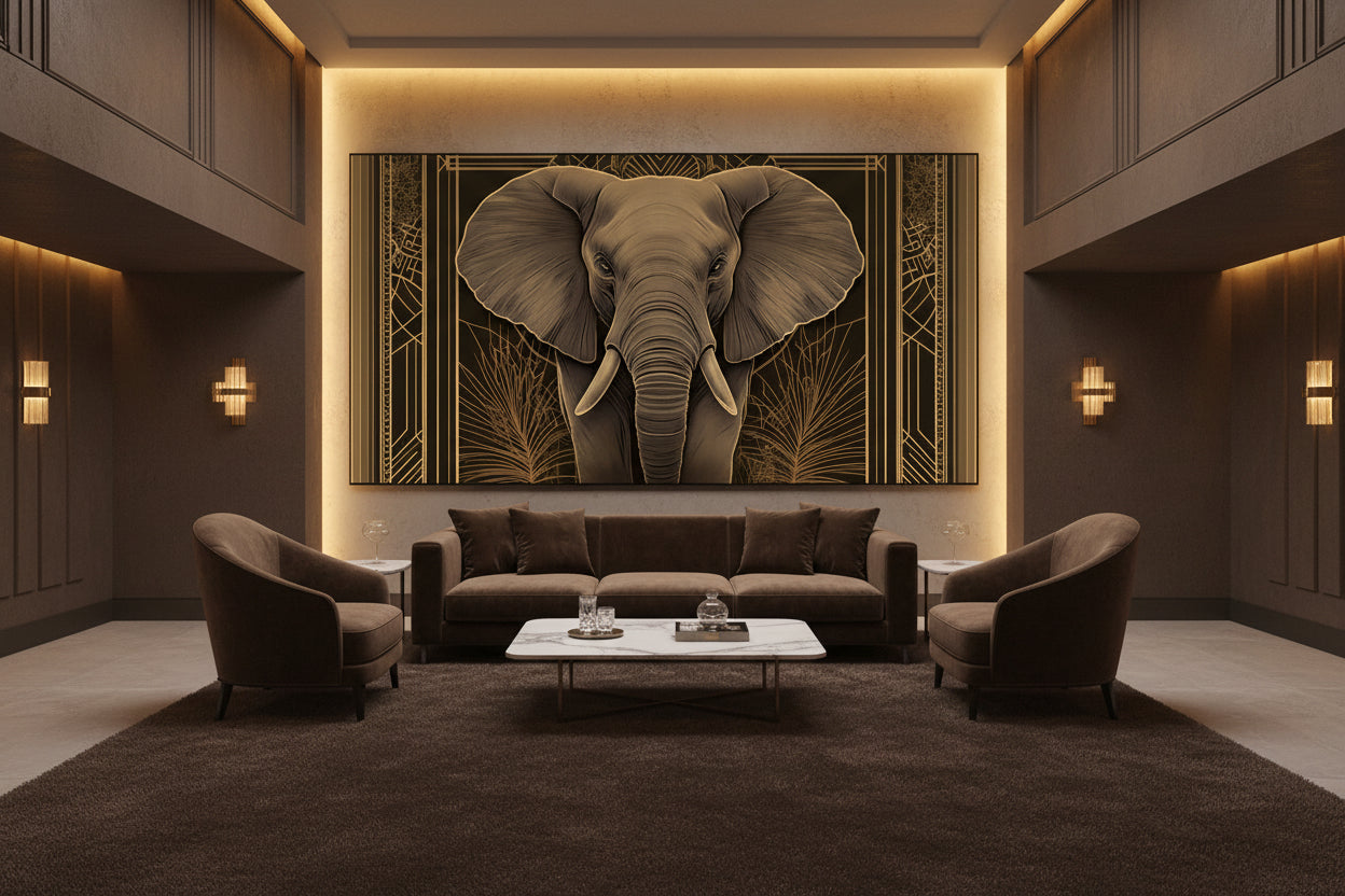Luxurious living room with a large elephant artwork on the wall.