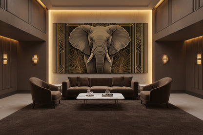 Luxurious living room with a large elephant artwork on the wall.