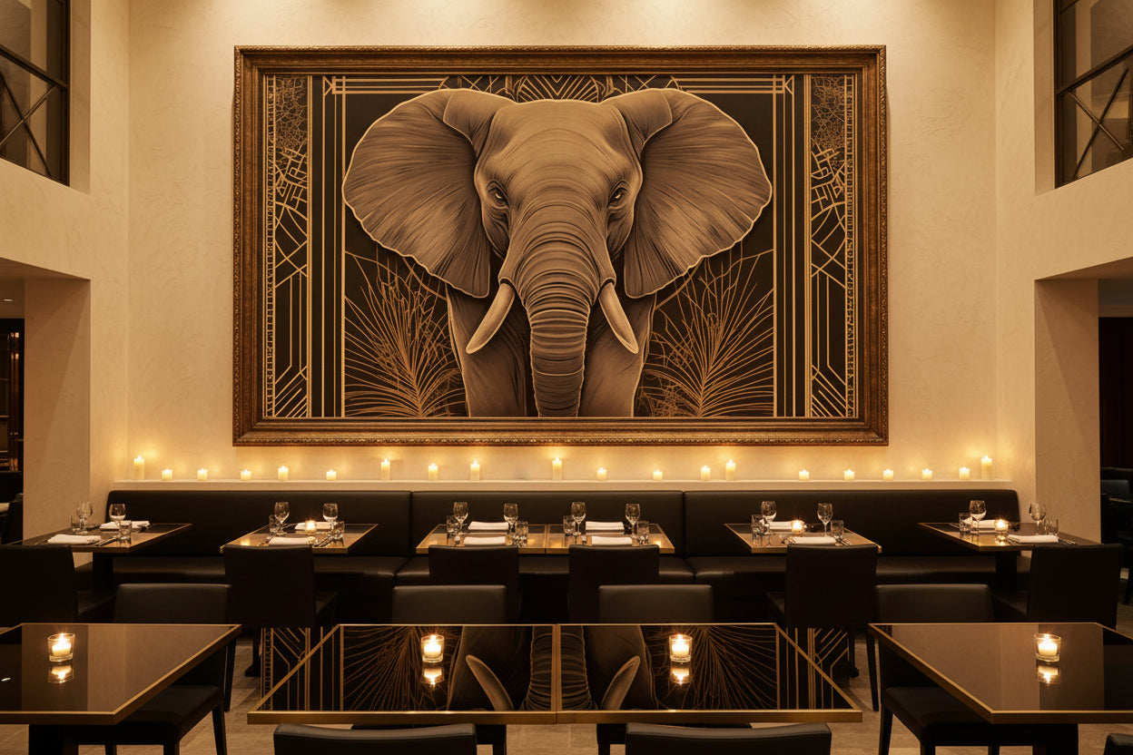 Luxury romantic restaurant with a large elephant painting on the wall