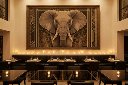 Luxury romantic restaurant with a large elephant painting on the wall