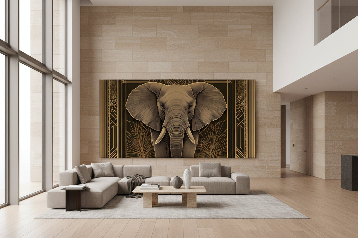 Modern luxury living room with a large elephant artwork on the wall