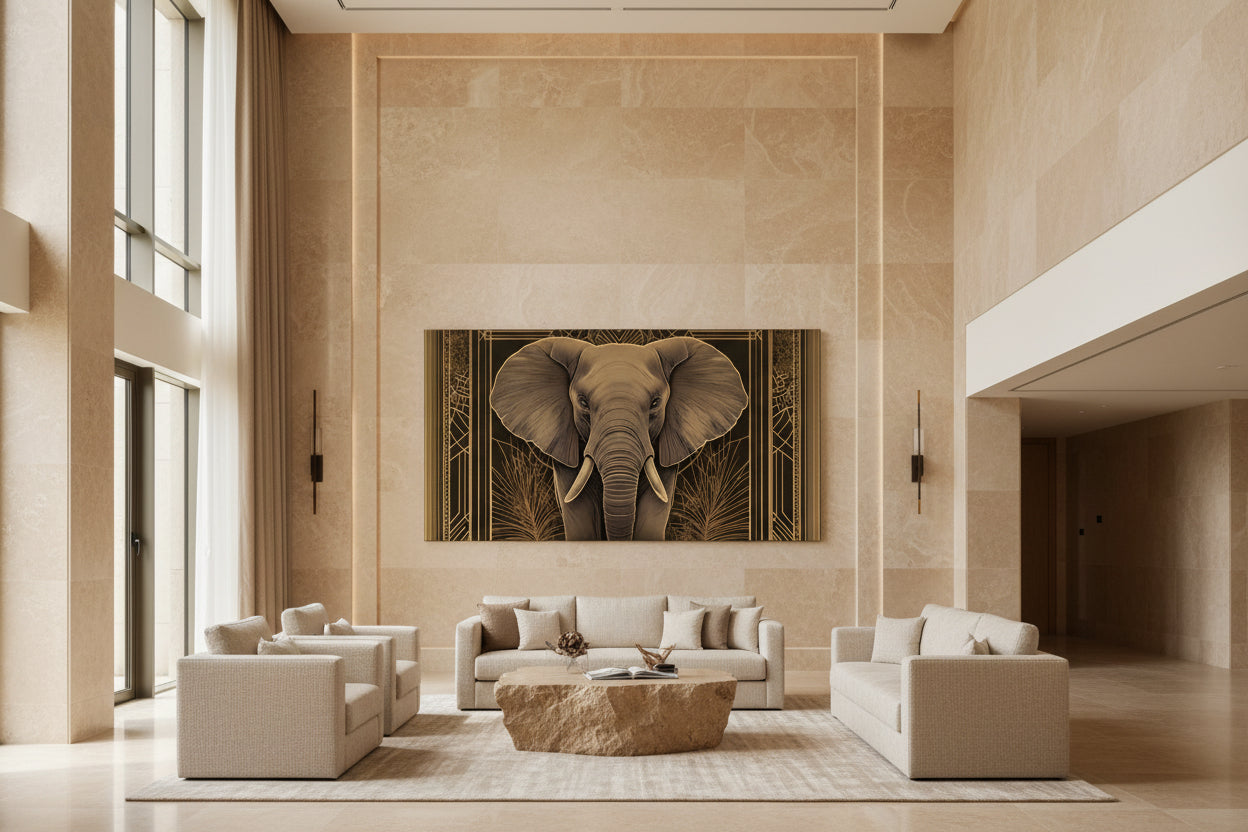 Modern luxury lobby with a large elephant painting on the wall
