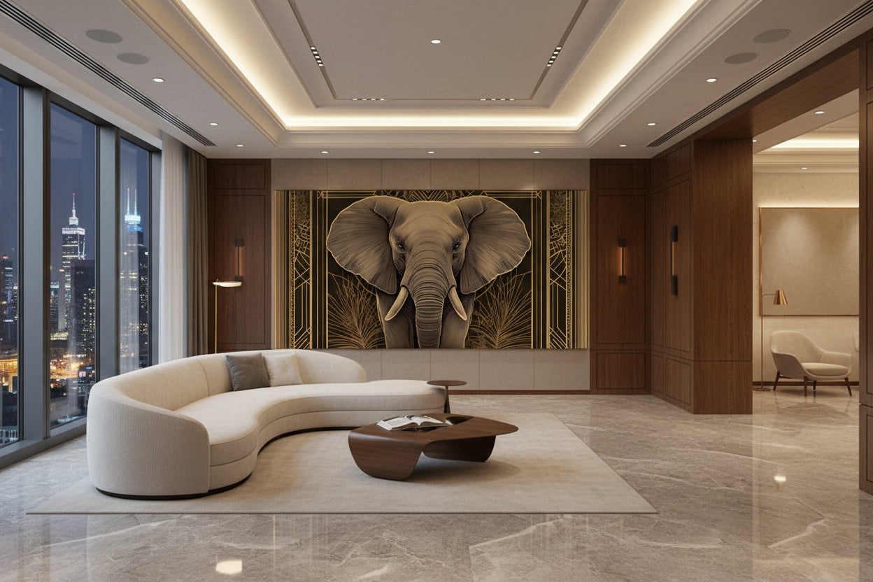 Modern luxury living room with a large elephant painting on the wall