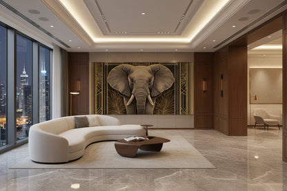 Modern luxury living room with a large elephant painting on the wall