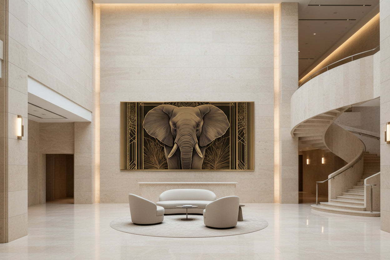 Luxurious interior with a large elephant painting on the wall, modern furniture, and a staircase.