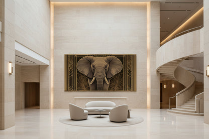 Luxurious interior with a large elephant painting on the wall, modern furniture, and a staircase.