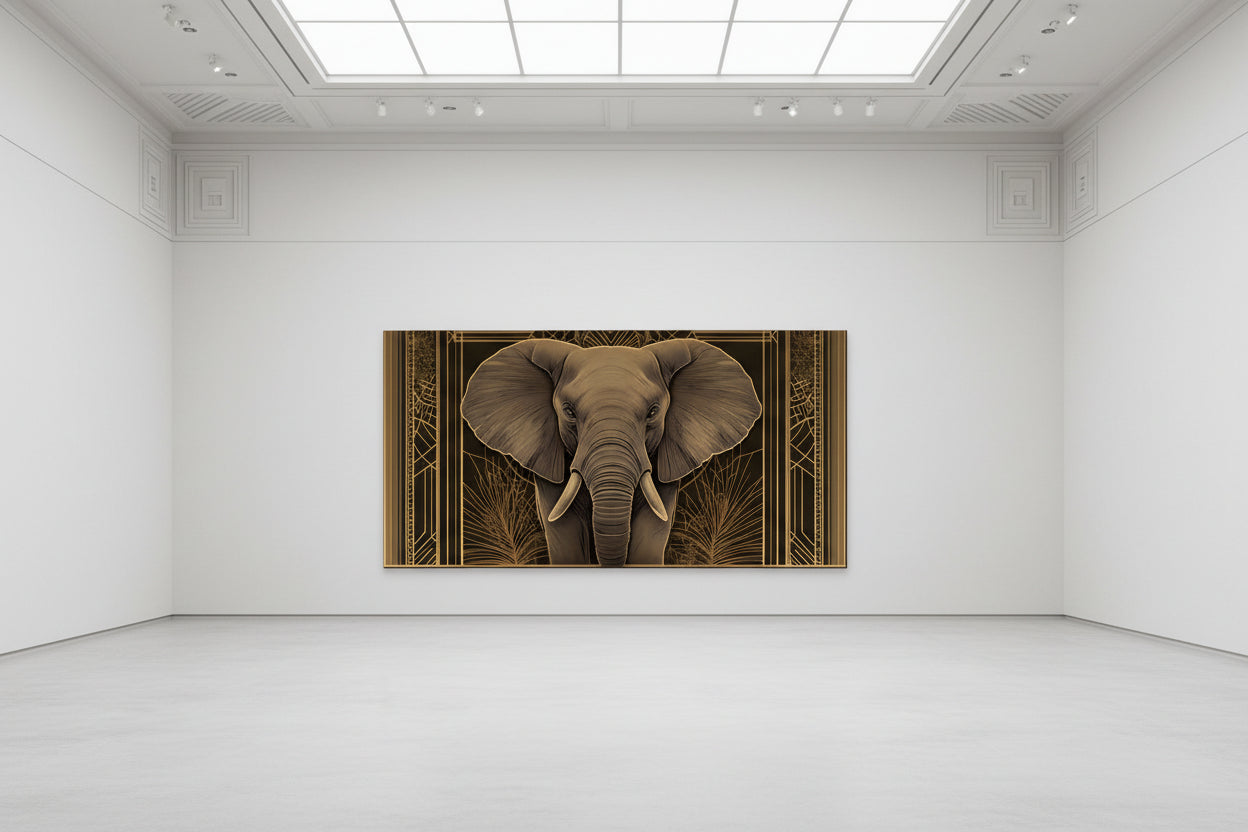 Large elephant painting on a white wall in a minimalistic gallery room.