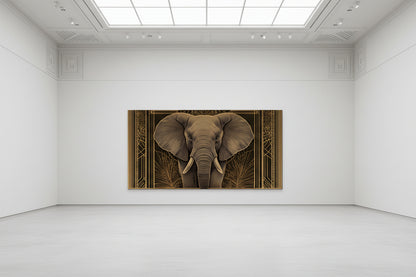 Large elephant painting on a white wall in a minimalistic gallery room.