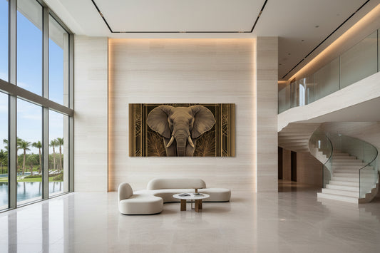 Statement elephant wall art in grand hotel lobby interior
