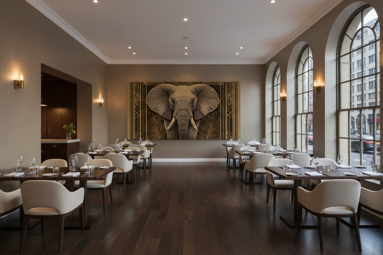 Modern restaurant interior with large elephant artwork on the wall.